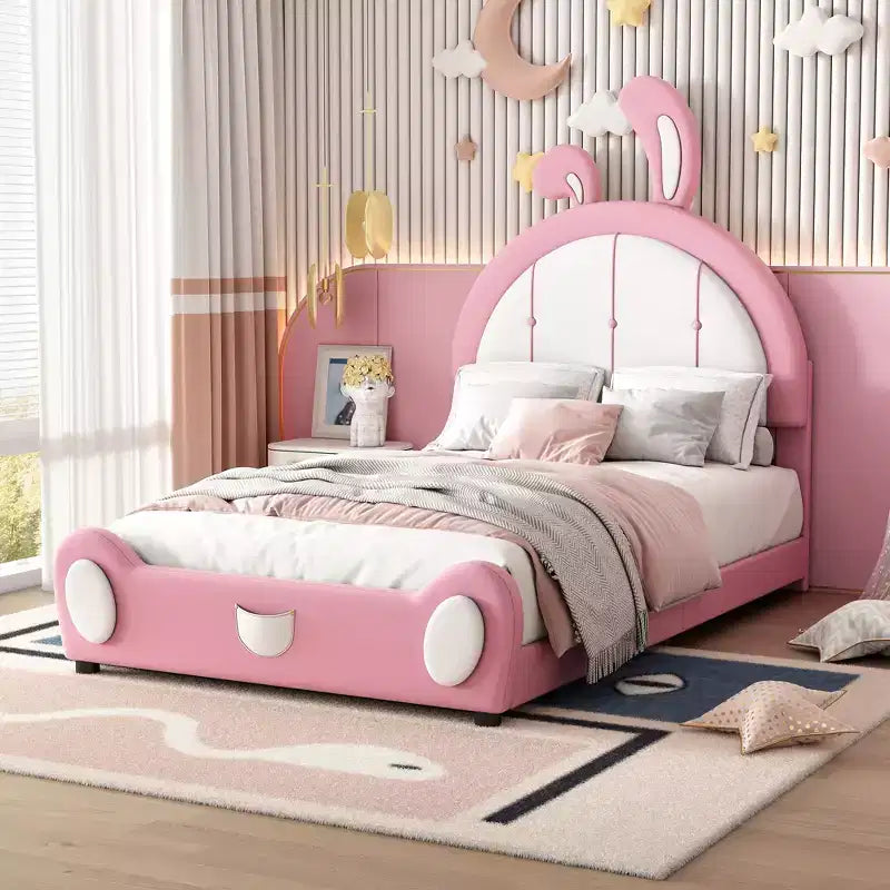 Twin Size Upholstered Platform Bed with Rabbit Shaped Headboard