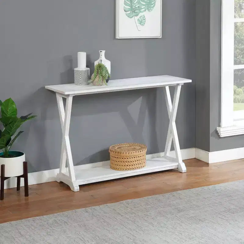 Console/table d'appoint X-Farmhouse avec étagère de rangement, Blanc cassé