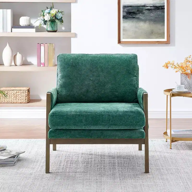 Fauteuil d'appoint moderne en velours, fauteuil rembourré de style Mid-Century avec pieds en bois d'hévéa pour salon, salle de lecture, chambre à coucher
