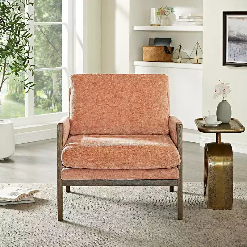 Fauteuil d'appoint moderne en velours, fauteuil rembourré de style Mid-Century avec pieds en bois d'hévéa pour salon, salle de lecture, chambre à coucher