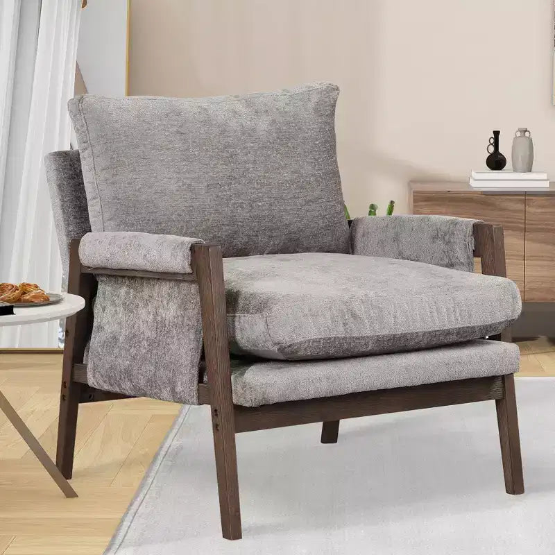 Fauteuil d'appoint moderne en velours, fauteuil rembourré de style Mid-Century avec pieds en bois d'hévéa pour salon, salle de lecture, chambre à coucher