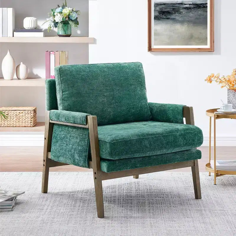 Fauteuil d'appoint moderne en velours, fauteuil rembourré de style Mid-Century avec pieds en bois d'hévéa pour salon, salle de lecture, chambre à coucher