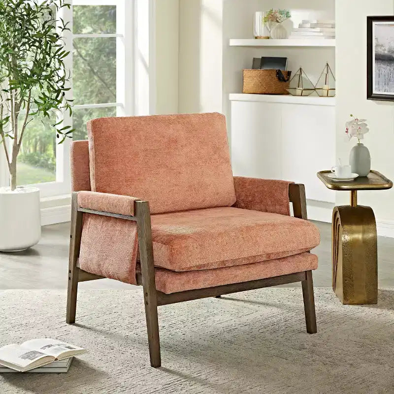 Fauteuil d'appoint moderne en velours, fauteuil rembourré de style Mid-Century avec pieds en bois d'hévéa pour salon, salle de lecture, chambre à coucher