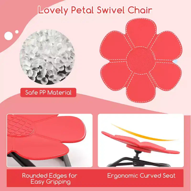 Chaise pivotante sensorielle pour enfants avec base métallique antidérapante, intérieur/extérieur, pétales bleus/rouges