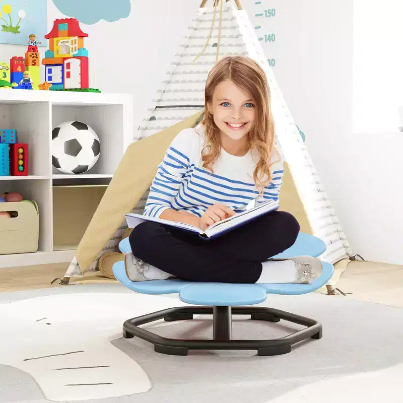 Chaise pivotante sensorielle pour enfants avec base métallique antidérapante, intérieur/extérieur, pétales bleus/rouges