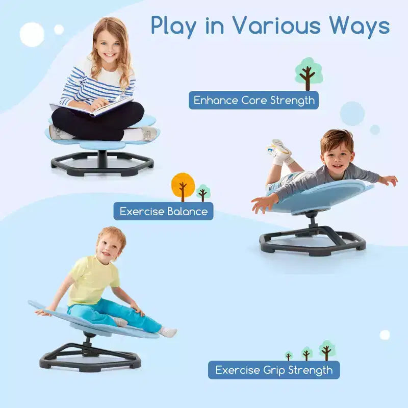 Chaise pivotante sensorielle pour enfants avec base métallique antidérapante, intérieur/extérieur, pétales bleus/rouges