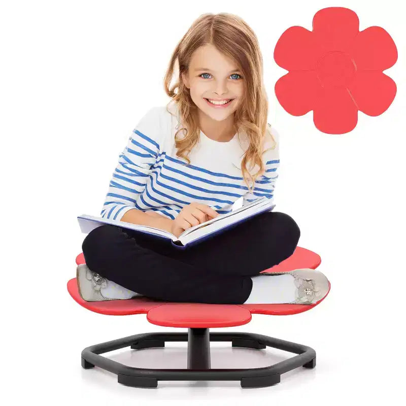 Chaise pivotante sensorielle pour enfants avec base métallique antidérapante, intérieur/extérieur, pétales bleus/rouges