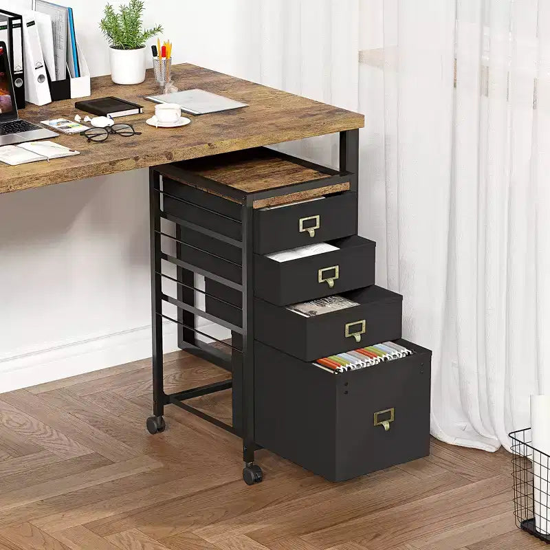 Meuble de rangement sous table en MDF avec tiroirs en tissu, roulettes verrouillables et rangement pour documents A4
