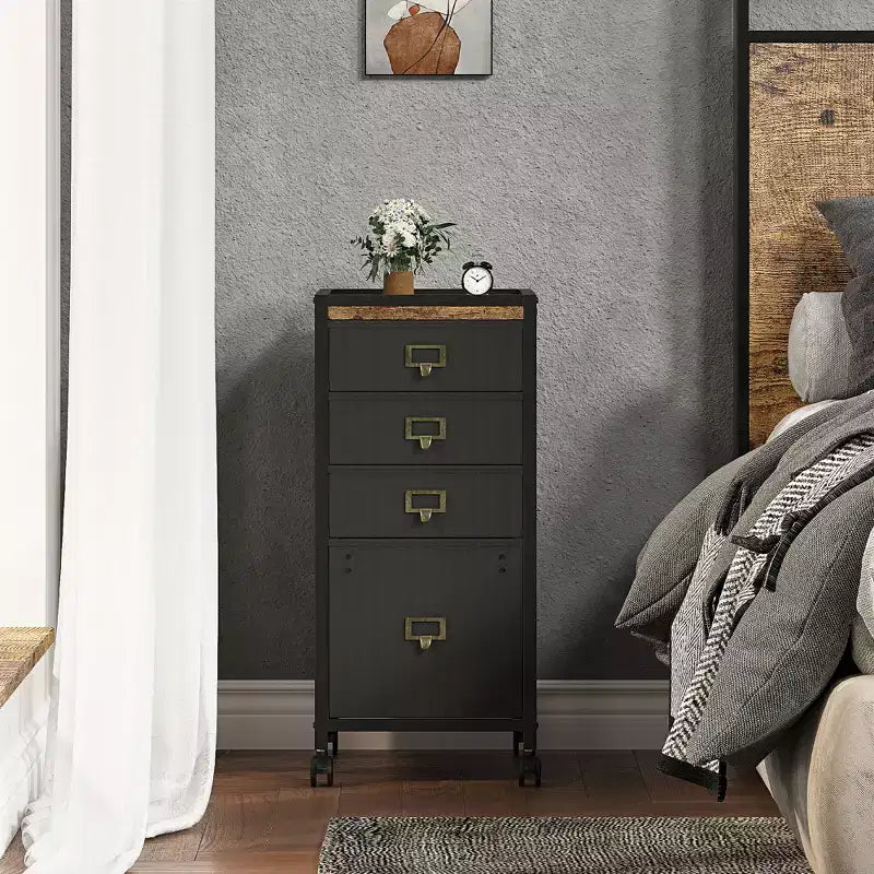 Meuble de rangement sous table en MDF avec tiroirs en tissu, roulettes verrouillables et rangement pour documents A4