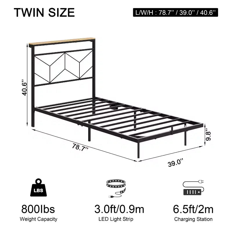Floating Bed Frame with LED Storage Headboard, Charging Station, No Box Spring Needed