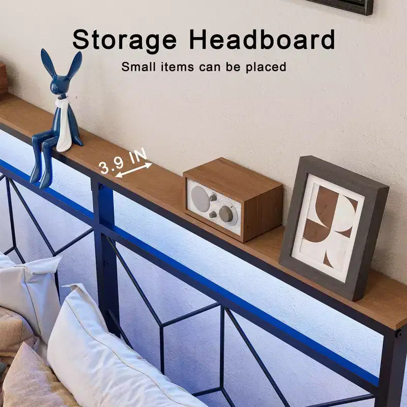 Floating Bed Frame with LED Storage Headboard, Charging Station, No Box Spring Needed