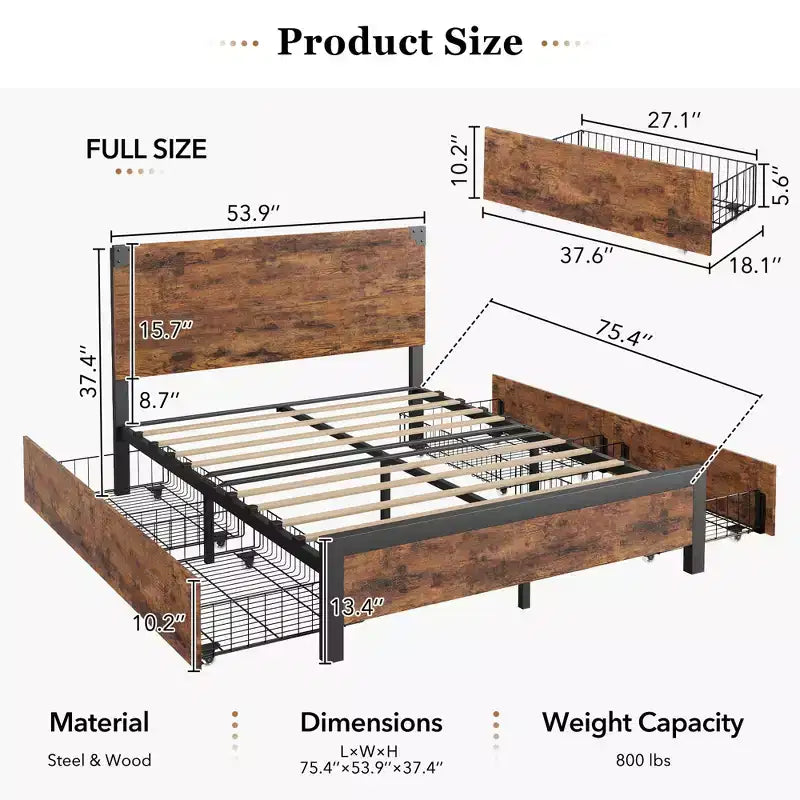 Bed Frame with Storage Drawers - Heavy Duty Metal Platform with Wooden Headboard, No Box Spring Needed, Easy Assembly, Vintage Brown