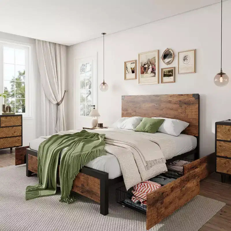 Bed Frame with Storage Drawers - Heavy Duty Metal Platform with Wooden Headboard, No Box Spring Needed, Easy Assembly, Vintage Brown