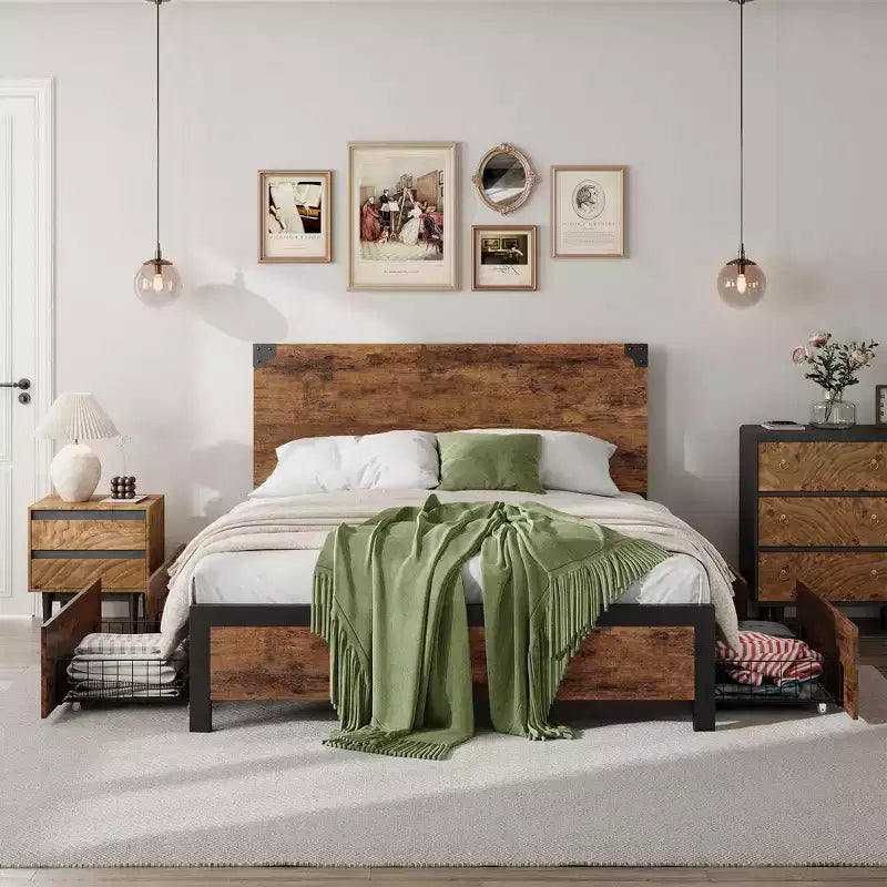 Bed Frame with Storage Drawers - Heavy Duty Metal Platform with Wooden Headboard, No Box Spring Needed, Easy Assembly, Vintage Brown
