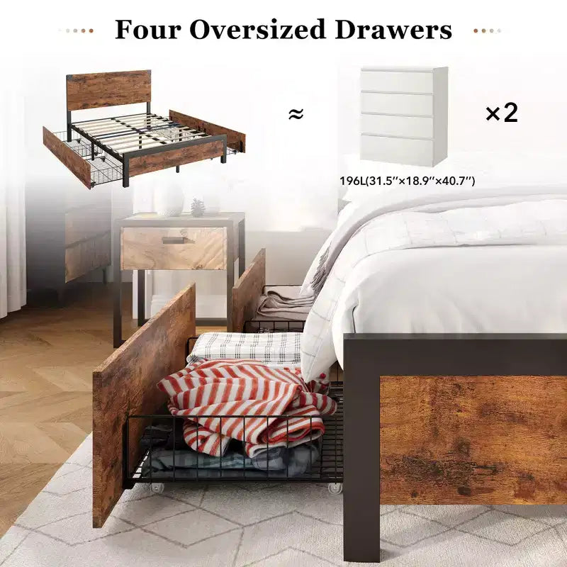 Bed Frame with Storage Drawers - Heavy Duty Metal Platform with Wooden Headboard, No Box Spring Needed, Easy Assembly, Vintage Brown