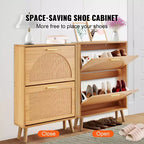 Meuble à chaussures avec 2 tiroirs basculants, meuble de rangement pour chaussures d'entrée, organiseur de rangement pour chaussures autoportant avec portes en rotin, marron