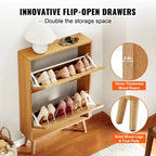Meuble à chaussures avec 2 tiroirs basculants, meuble de rangement pour chaussures d'entrée, organiseur de rangement pour chaussures autoportant avec portes en rotin, marron