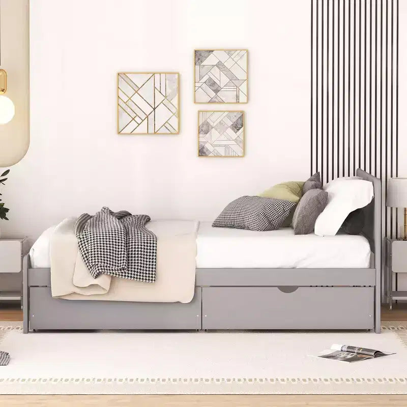 Twin Modern Platform Bed Frame with 2 Storage Drawers, Sturdy Wooden Platform Bed, Noiseless, No Springs Required