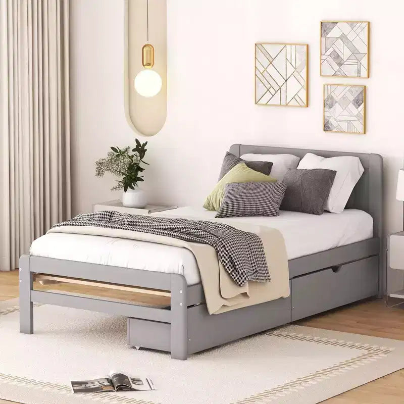 Twin Modern Platform Bed Frame with 2 Storage Drawers, Sturdy Wooden Platform Bed, Noiseless, No Springs Required