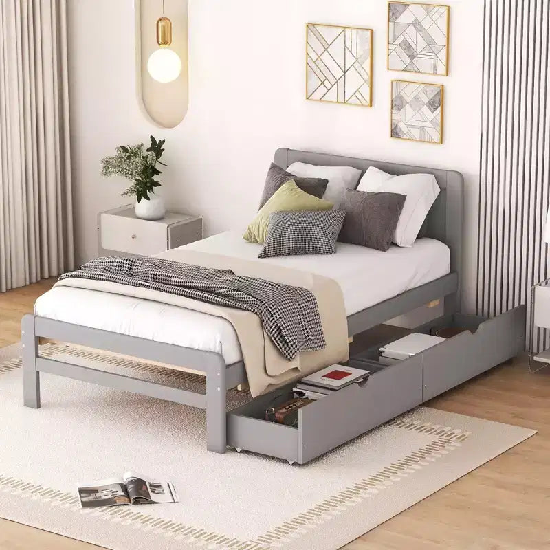 Lit plateforme moderne double avec 2 tiroirs de rangement, cadre de lit plateforme robuste en bois, silencieux, pas besoin de sommier.