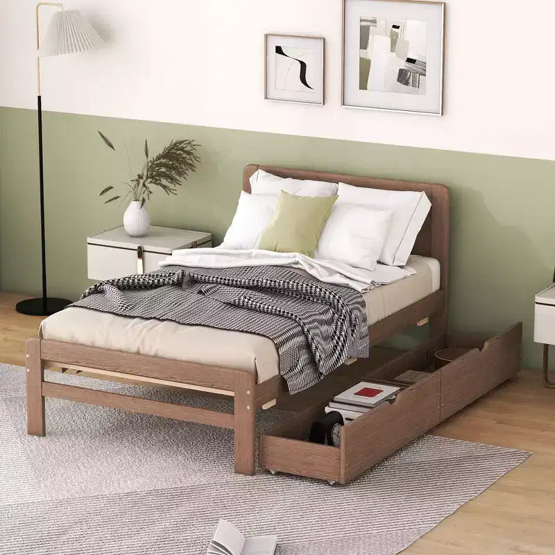 Twin Modern Platform Bed Frame with 2 Storage Drawers, Sturdy Wooden Platform Bed, Noiseless, No Springs Required