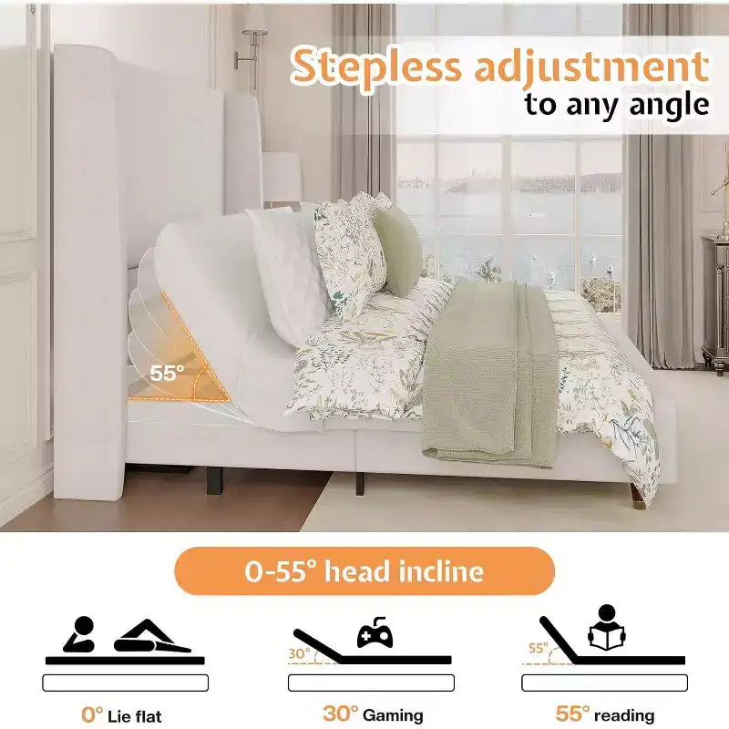 Adjustable Bed Frame Full Size with 50 Upholstered Wingback Headboard, White