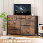 Commode avec 10 tiroirs en tissu, meuble TV pour téléviseur de 50 pouces, meuble console multimédia avec rangement, mobilier de salon