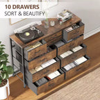 Commode avec 10 tiroirs en tissu, meuble TV pour téléviseur de 50 pouces, meuble console multimédia avec rangement, mobilier de salon