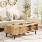 CuisinSmart Fluted Coffee Table Light Wood Coffee Table 2 Tier Cocktail Table with Drawers