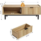 Table basse cannelée, table basse à cocktail à 2 niveaux en bois clair avec tiroirs
