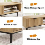 Table basse cannelée, table basse à cocktail à 2 niveaux en bois clair avec tiroirs