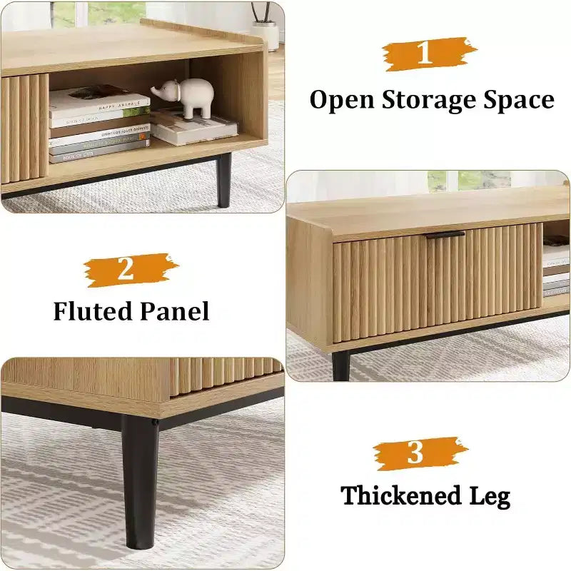 Table basse cannelée, table basse à cocktail à 2 niveaux en bois clair avec tiroirs