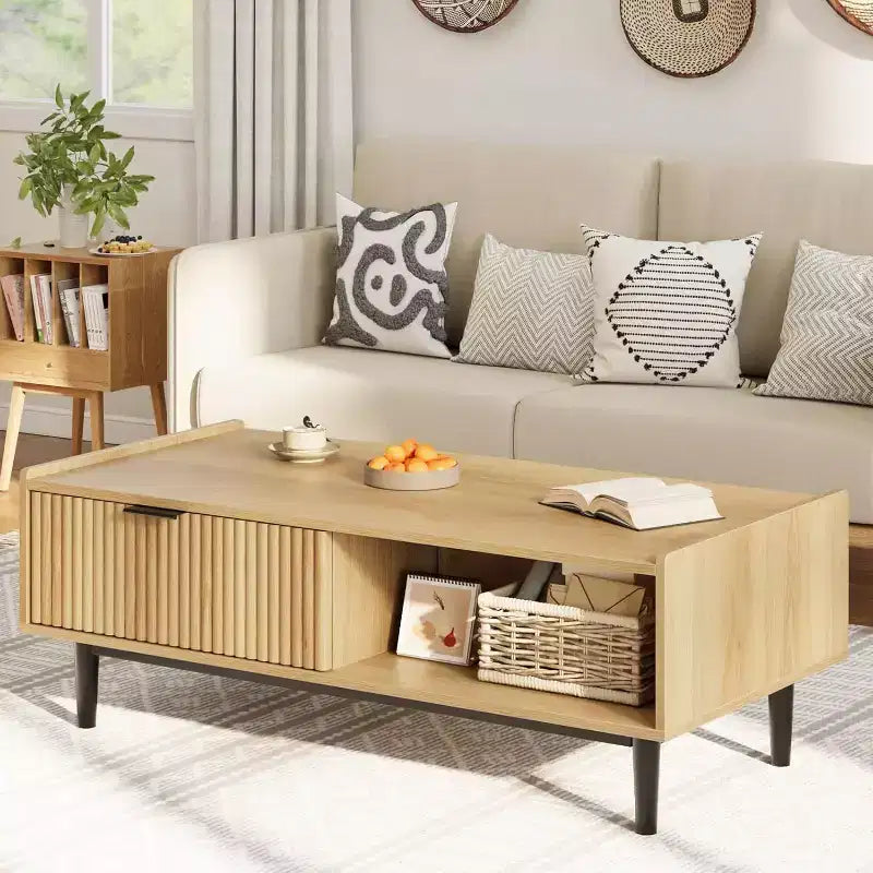 Table basse cannelée, table basse à cocktail à 2 niveaux en bois clair avec tiroirs