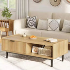 Table basse cannelée, table basse à cocktail à 2 niveaux en bois clair avec tiroirs