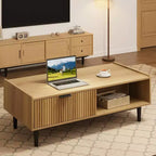 Table basse cannelée, table basse à cocktail à 2 niveaux en bois clair avec tiroirs