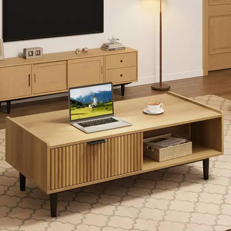 Table basse cannelée, table basse à cocktail à 2 niveaux en bois clair avec tiroirs
