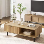 Table basse cannelée, table basse à cocktail à 2 niveaux en bois clair avec tiroirs