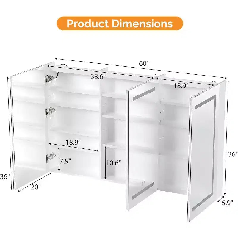 Armoire à pharmacie de salle de bain extra large éclairée avec miroir, grande armoire de salle de bain à 3 portes avec lumières, à fixation murale