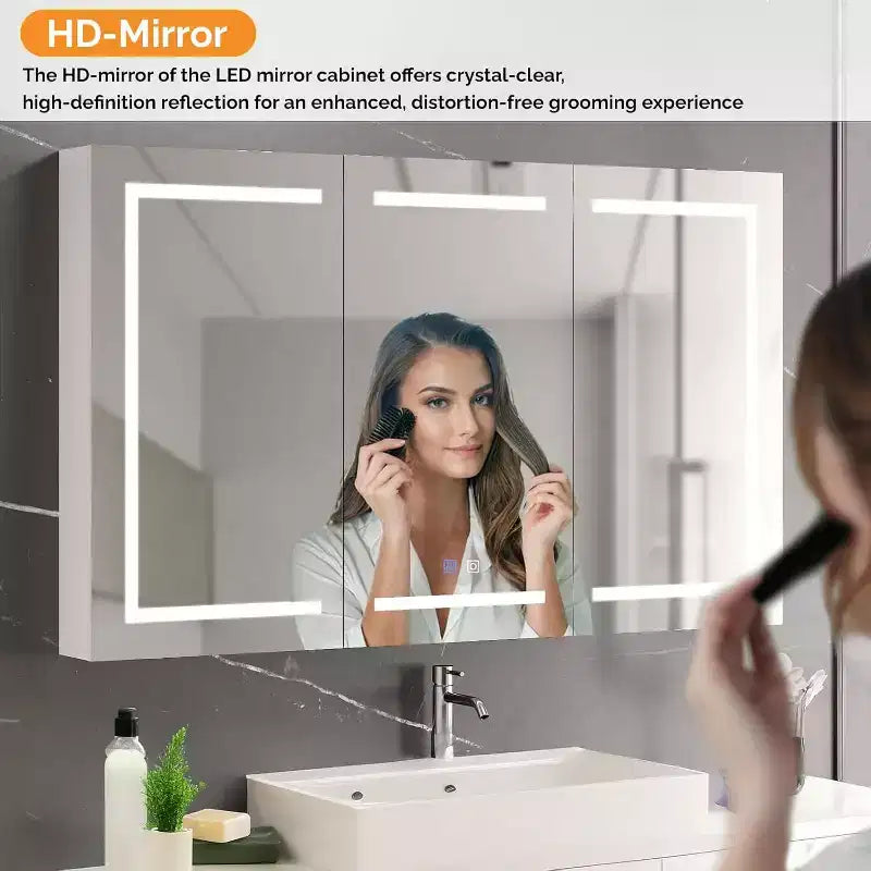 Armoire à pharmacie de salle de bain extra large éclairée avec miroir, grande armoire de salle de bain à 3 portes avec lumières, à fixation murale