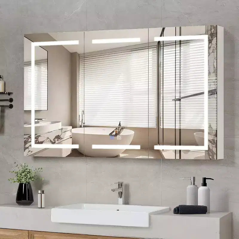 Armoire à pharmacie de salle de bain extra large éclairée avec miroir, grande armoire de salle de bain à 3 portes avec lumières, à fixation murale