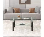 Table basse en verre, table d'appoint basse moderne pour salon, table à thé à 2 niveaux avec plateau en verre trempé, étagère inférieure pour salon