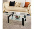 Table basse en verre, table d'appoint basse moderne pour salon, table à thé à 2 niveaux avec plateau en verre trempé, étagère inférieure pour salon