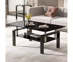 Table basse en verre, table d'appoint basse moderne pour salon, table à thé à 2 niveaux avec plateau en verre trempé, étagère inférieure pour salon