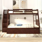 Twin-Over-Full Bunk Bed with DrawersLadder and Storage Staircase, Espresso