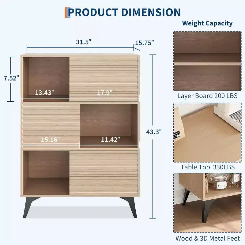Meuble de rangement avec portes coulissantes – Organiseur à 3 niveaux avec étagères réglables pour le salon et la cuisine