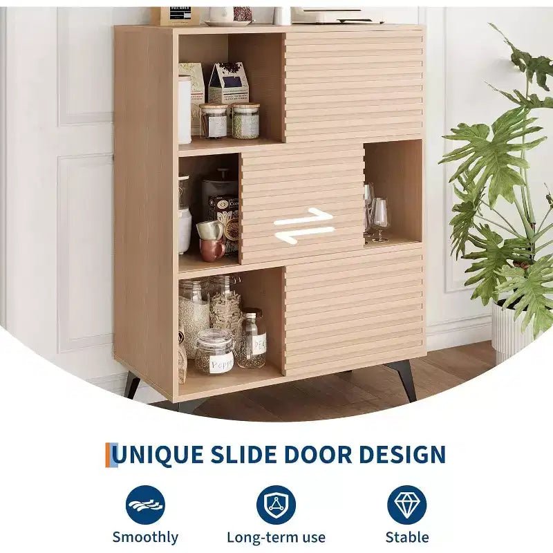 Meuble de rangement avec portes coulissantes – Organiseur à 3 niveaux avec étagères réglables pour le salon et la cuisine