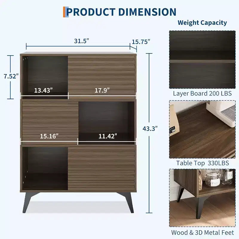 Meuble de rangement avec portes coulissantes – Organiseur à 3 niveaux avec étagères réglables pour le salon et la cuisine