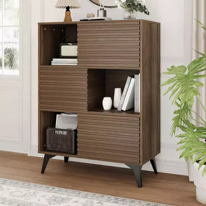Meuble de rangement avec portes coulissantes – Organiseur à 3 niveaux avec étagères réglables pour le salon et la cuisine