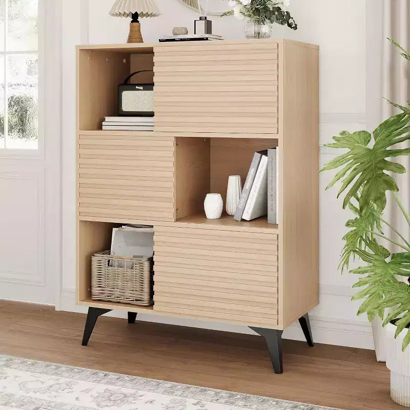Meuble de rangement avec portes coulissantes – Organiseur à 3 niveaux avec étagères réglables pour le salon et la cuisine
