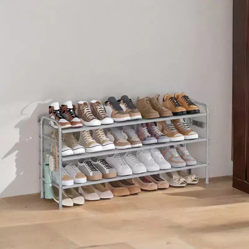 Meuble à chaussures 3 niveaux en tissu avec 4 crochets, réglable en hauteur, peut contenir jusqu'à 18 paires de chaussures, organisateur d'entrée